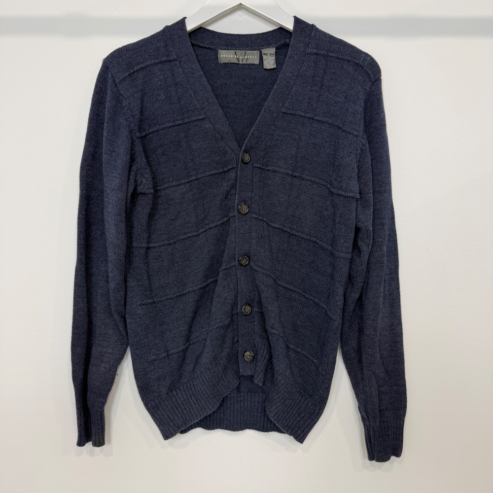 Oscar de la Renta Mens Navy Blue Textured Stripe V-Neck Cardigan Sweater Small